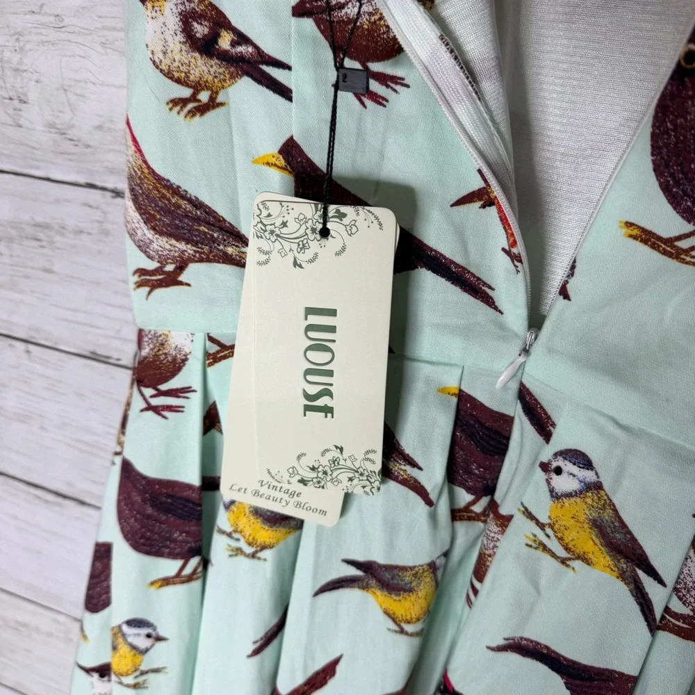 Luouse Retro Pinup Bird Print Fit And Flare Dress Mint Green Sleeveless Size Med - Picture 6 of 7